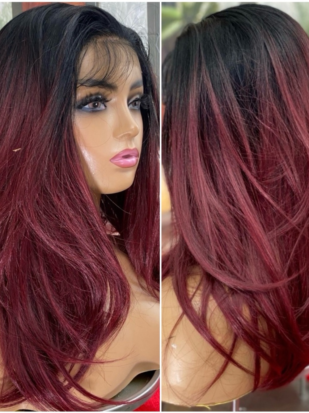 Maroon wine and black full lace front free part wig